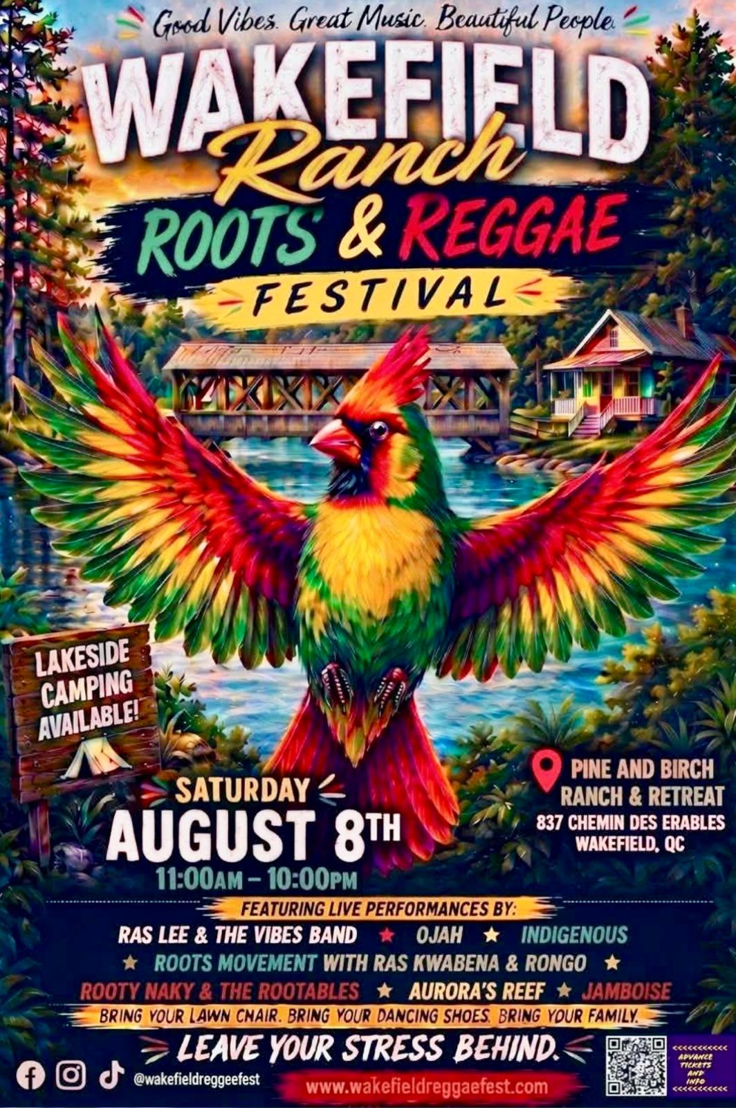 Poster for the Wakefield Ranch Roots and Reggae Festival, showing a rainbow-coloured bird in front of the covered bridge